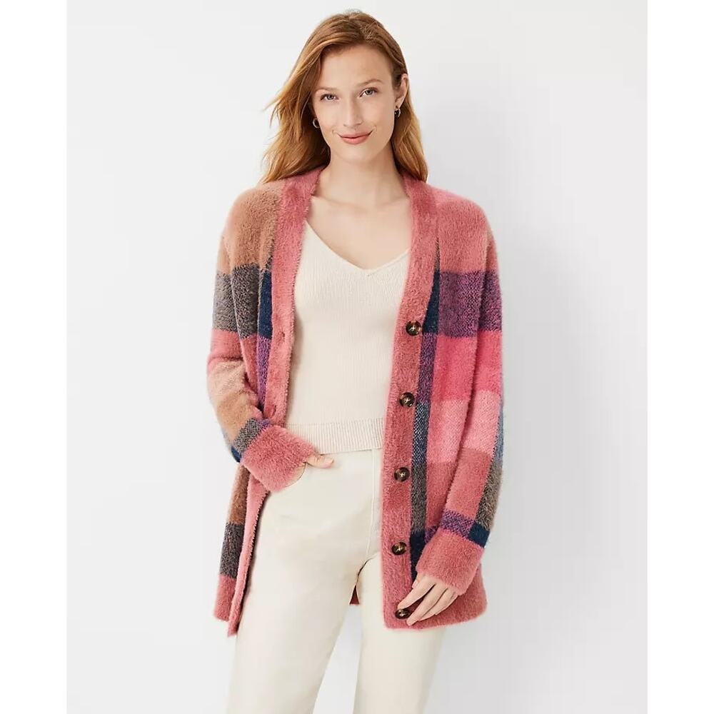 Ann Taylor Petite Plaid Boyfriend Cardigan M